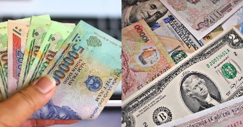 A hand holding some Vietnamese money on the left, and a pile of USD and other currencies on the right.