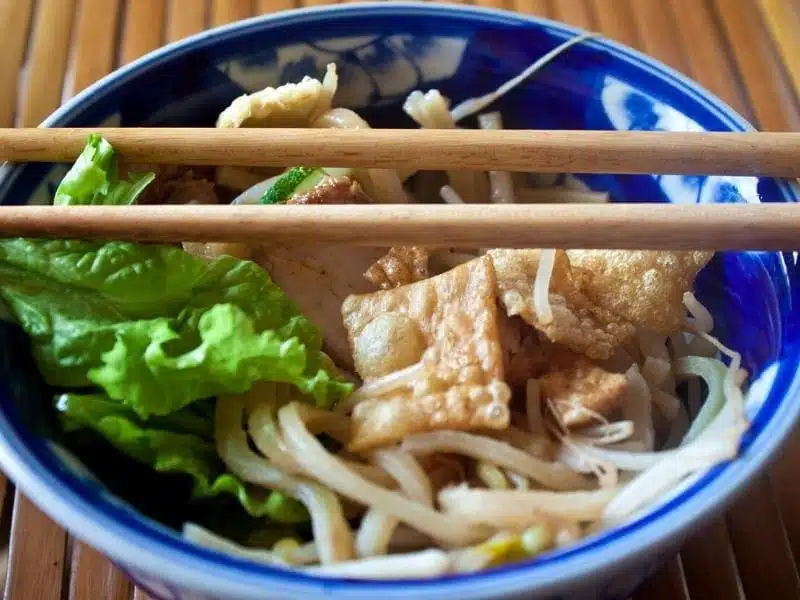 A bowl of cao lau noodles, a famous snack in Hoi An