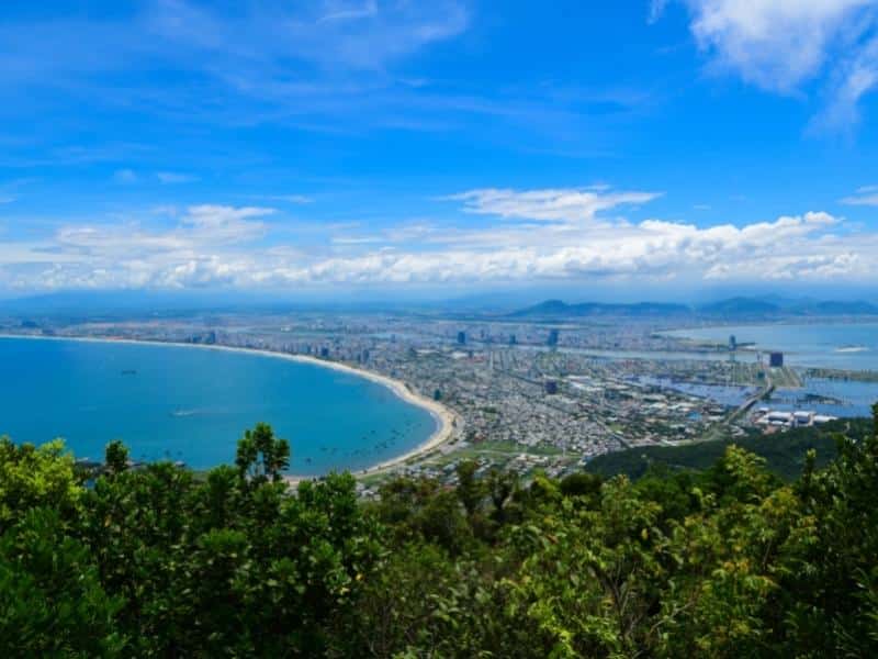 An aerial view of the city of Da Nang with its long beach