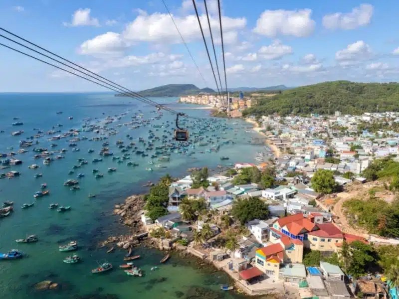 View of cable car lines above Phu Quoc Island in Vietnam