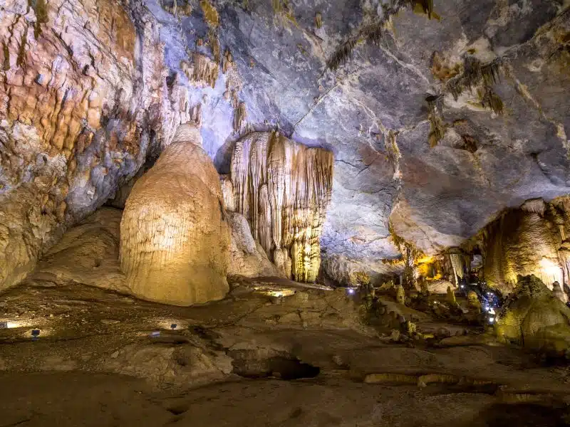 Hanging stalactites in a giant cave