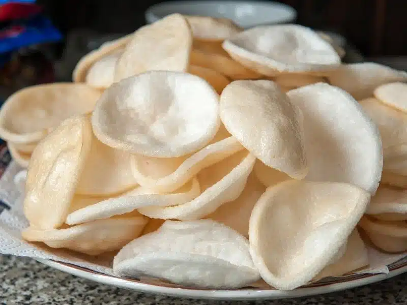 A pile of Vietnamese prawn crackers on a plate