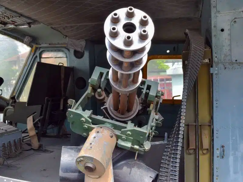 A large gun inside a vehicle on display at War Remnants Museum