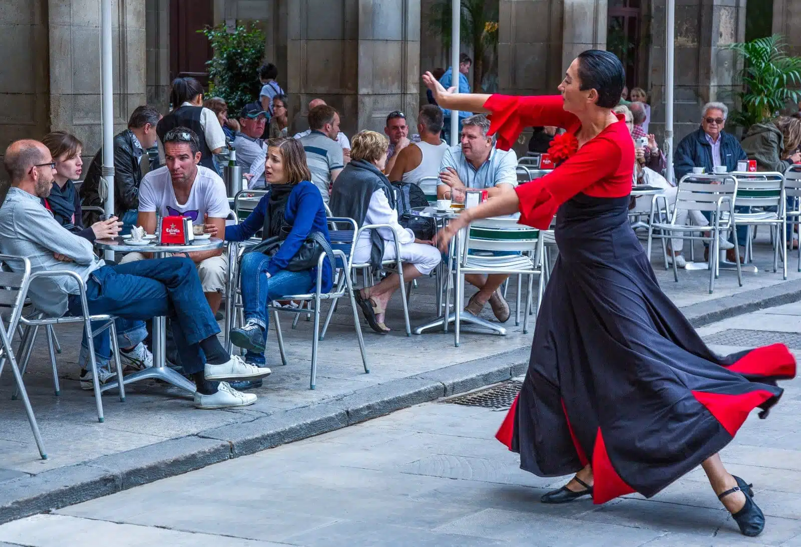 Barcelona, Spain flamenco dancer and tourists in the Rambla area