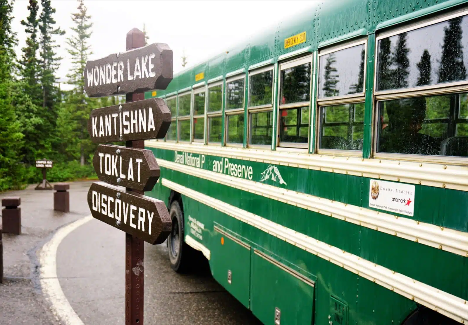 Denali National Park, Alaska / Unites States- Circa June 2019: Denali National Park's shuttle bus at visitor center