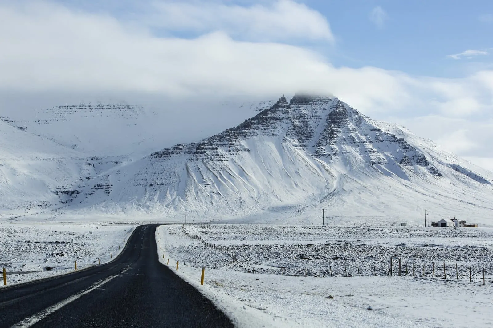 iceland, winter, spring, car, sky, landscape, clouds, mountain, blue, security, street, safety, asphalt, wind, volcano, traffic, danger, drive, driving, ringroad, roadway, snow-covered, windy