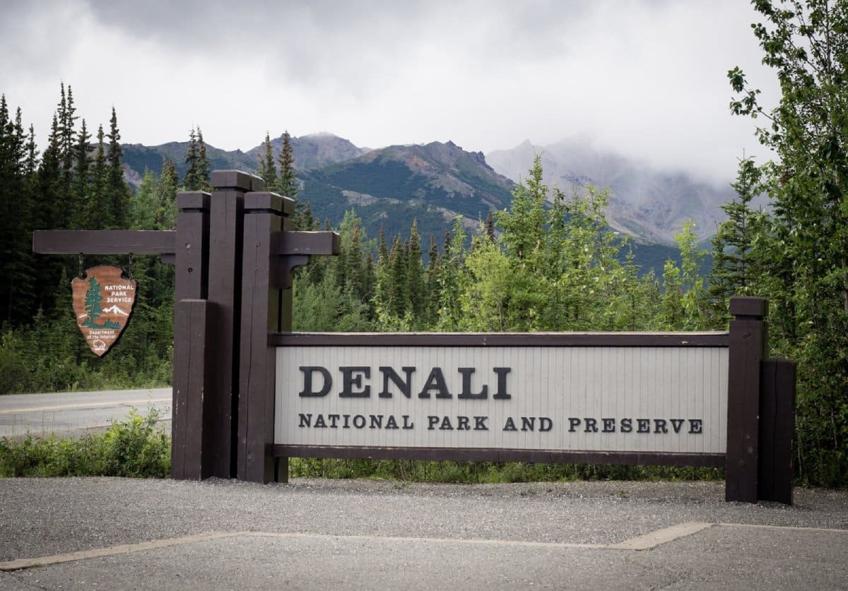 national, park, denali, sign, alaska, background, sky, travel, tree, landscape, road, building, green, blue, color, mountains, outdoors, horizontal, cloudy, end, view